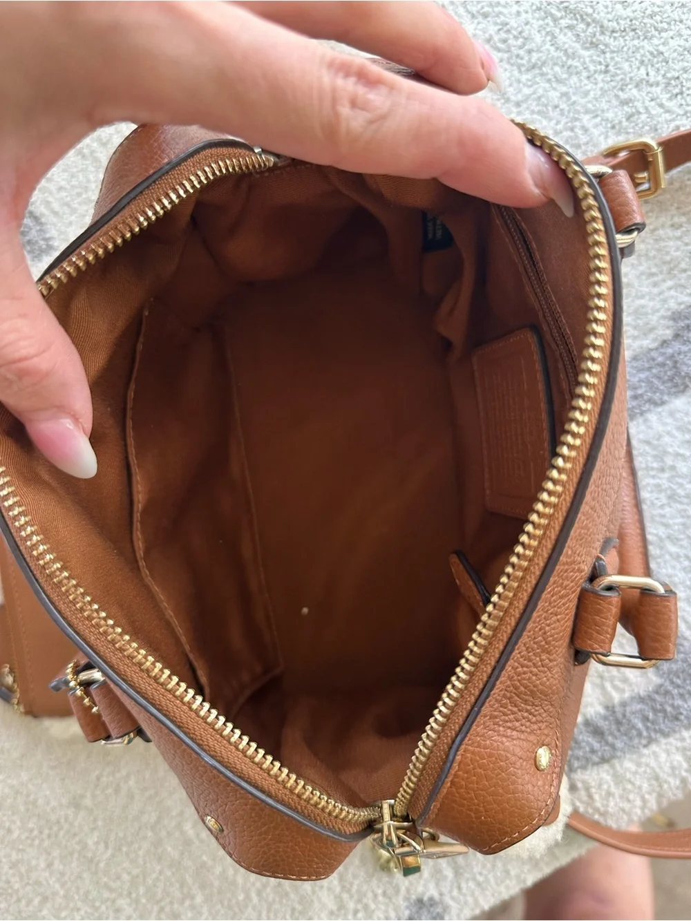 Coach Chestnut Brown Pebbled Leather Satchel with Shearling Trim